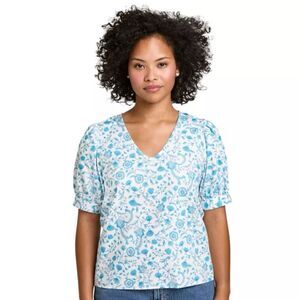 Draper James Blue Paisley V-Neck Puff Sleeve Blouse size 2X NWT